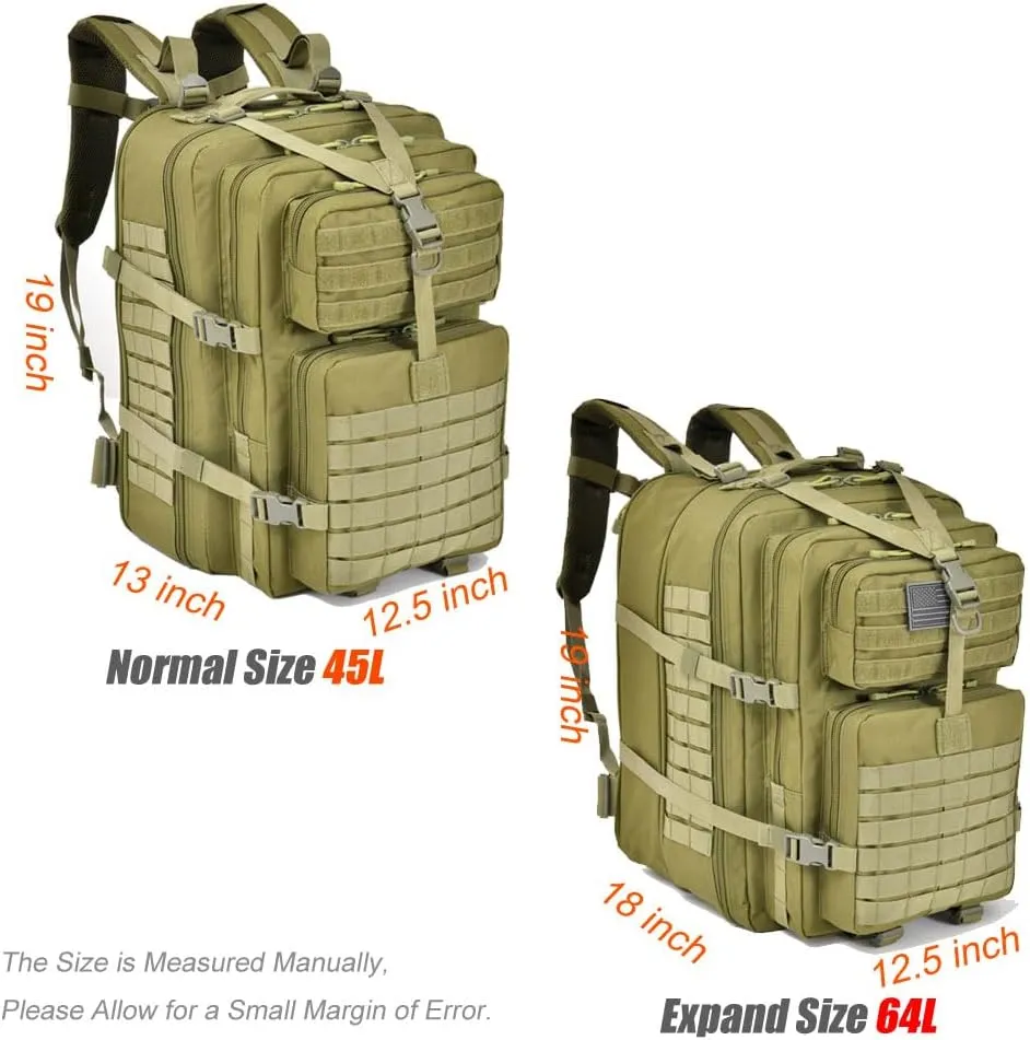 Large Tactical Backpack, Military Backpack, Molle Backpack, 45-64L Tactical Bag, Hiking Backpack. (3, Green)