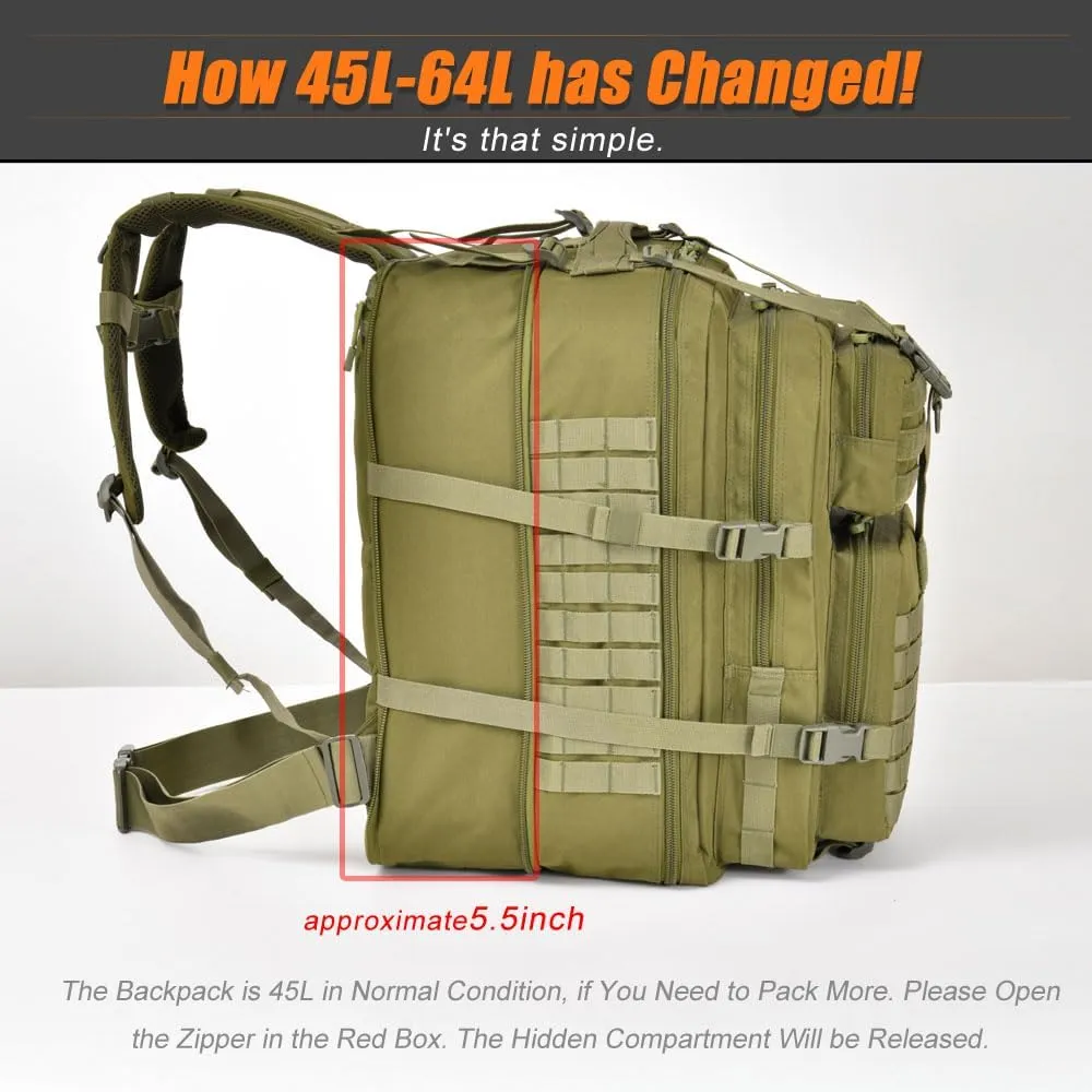 Large Tactical Backpack, Military Backpack, Molle Backpack, 45-64L Tactical Bag, Hiking Backpack. (3, Green)