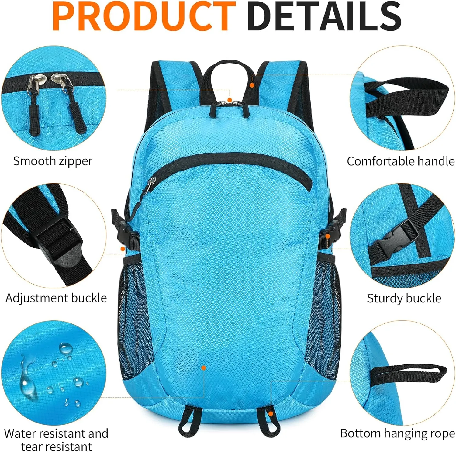 Lightweight Hiking Backpack Small,Waterproof Hiking Daypack,Foldable Backpack for Travel,Ultralight Daypack (Blue, Small)