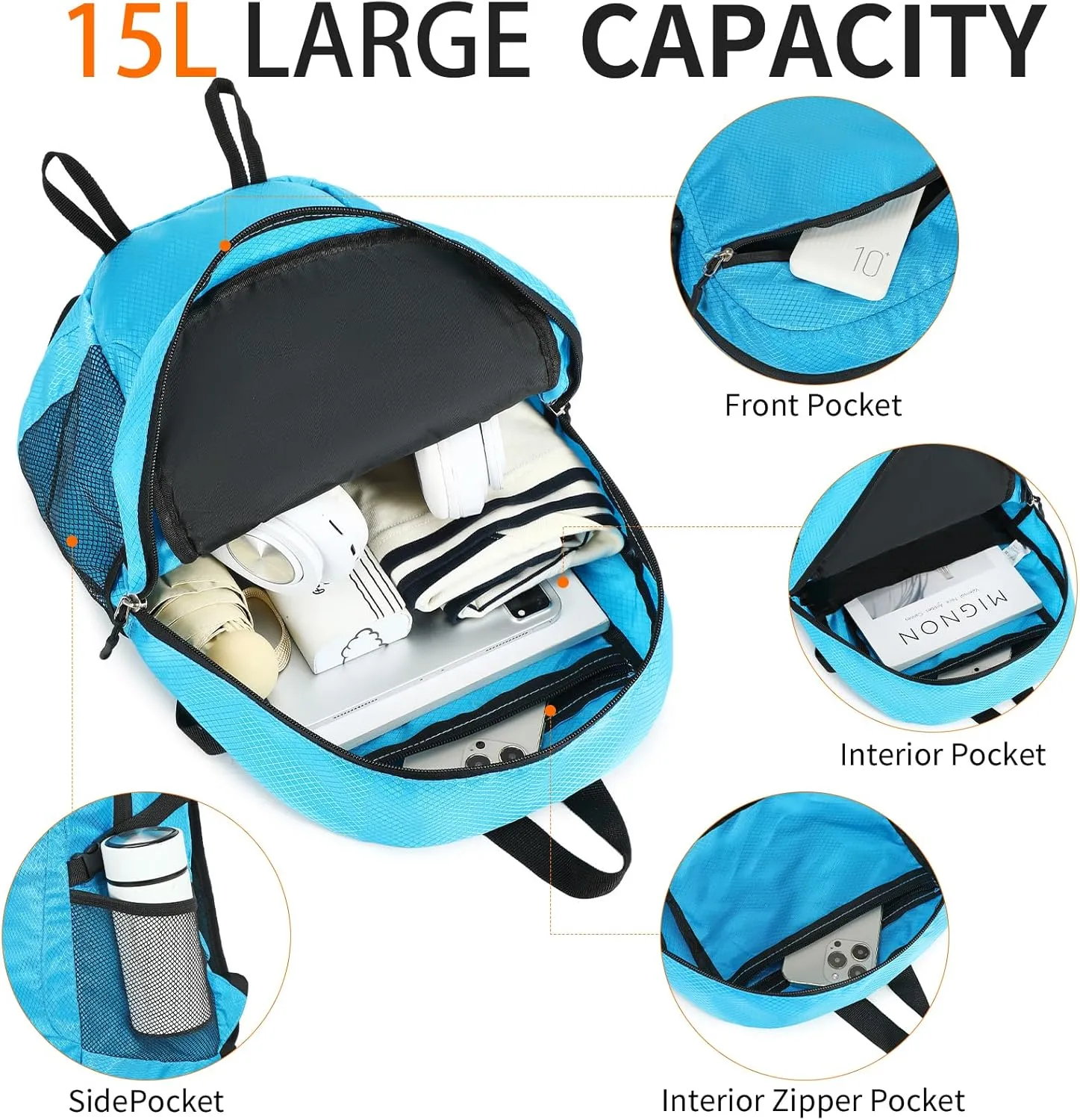 Lightweight Hiking Backpack Small,Waterproof Hiking Daypack,Foldable Backpack for Travel,Ultralight Daypack (Blue, Small)
