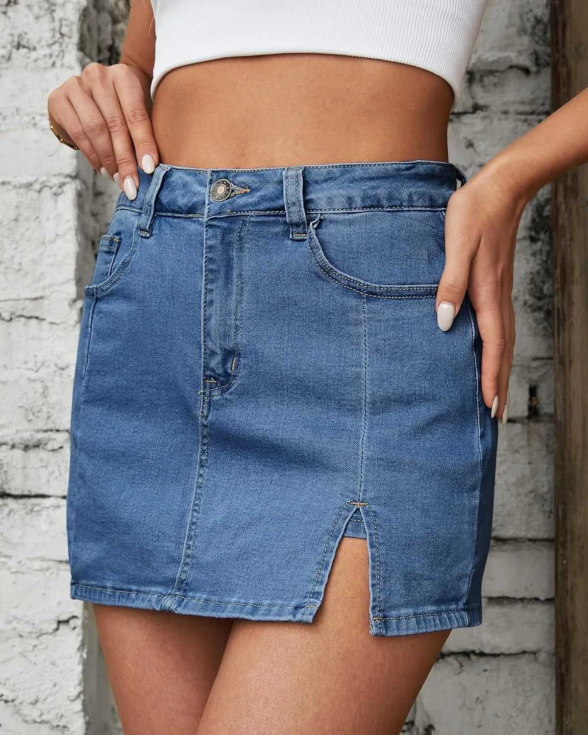 LookbookStore Jean Skorts for Woman High Waisted Casual Stretchy Denim Skirt Side Split Mini Skirts with Shorts Skort
