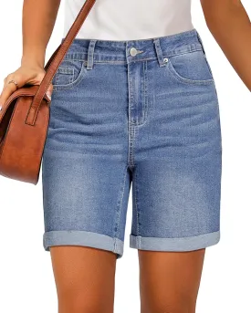 luvamia Jean Shorts for Women High Waisted Trendy Causal Summer Fold Hem Stretchy Long Denim Shorts 7 Inch Inseam