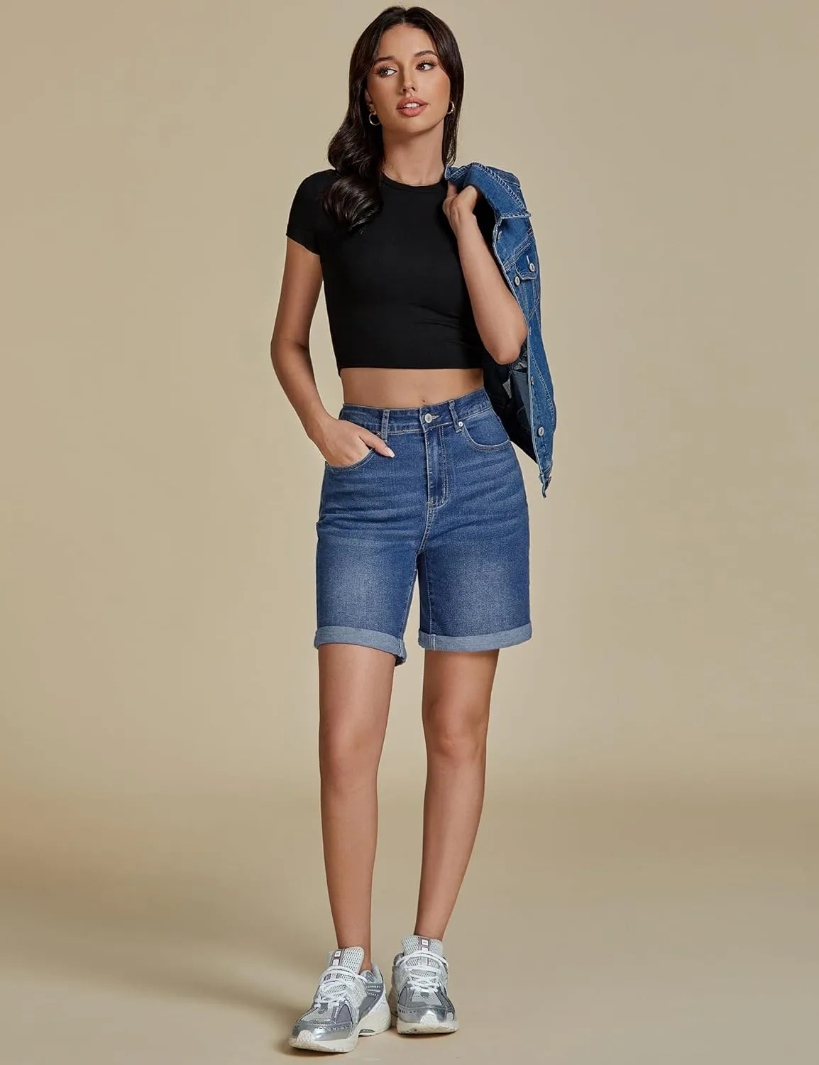 luvamia Jean Shorts for Women High Waisted Trendy Causal Summer Fold Hem Stretchy Long Denim Shorts 7 Inch Inseam