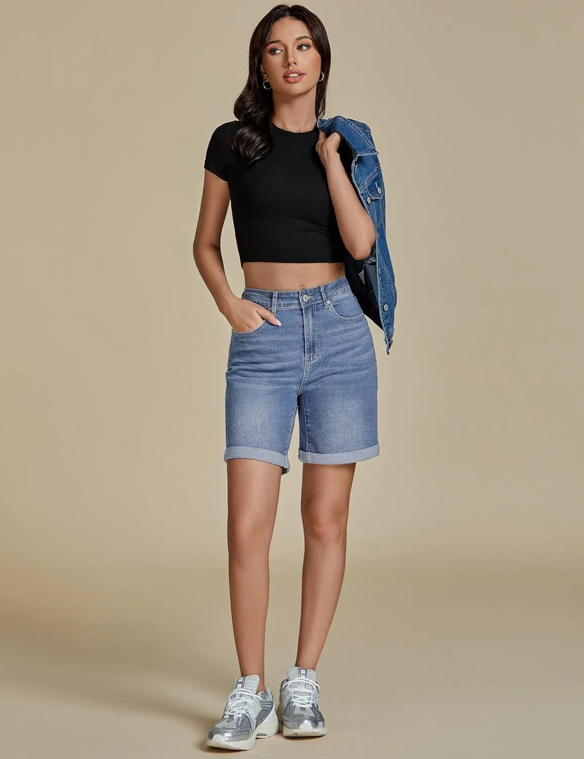 luvamia Jean Shorts for Women High Waisted Trendy Causal Summer Fold Hem Stretchy Long Denim Shorts 7 Inch Inseam