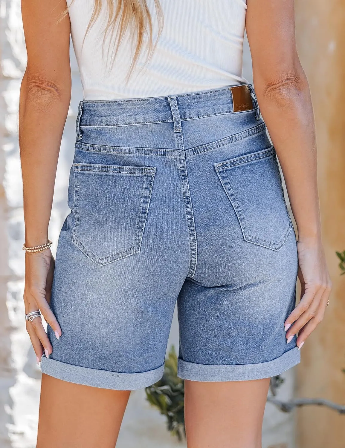 luvamia Jean Shorts for Women High Waisted Trendy Causal Summer Fold Hem Stretchy Long Denim Shorts 7 Inch Inseam