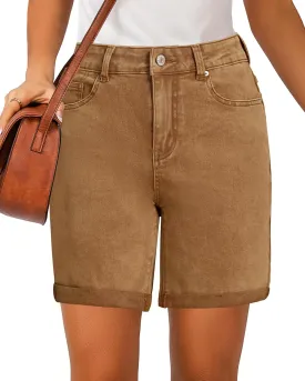 luvamia Jean Shorts for Women High Waisted Trendy Causal Summer Fold Hem Stretchy Long Denim Shorts 7 Inch Inseam