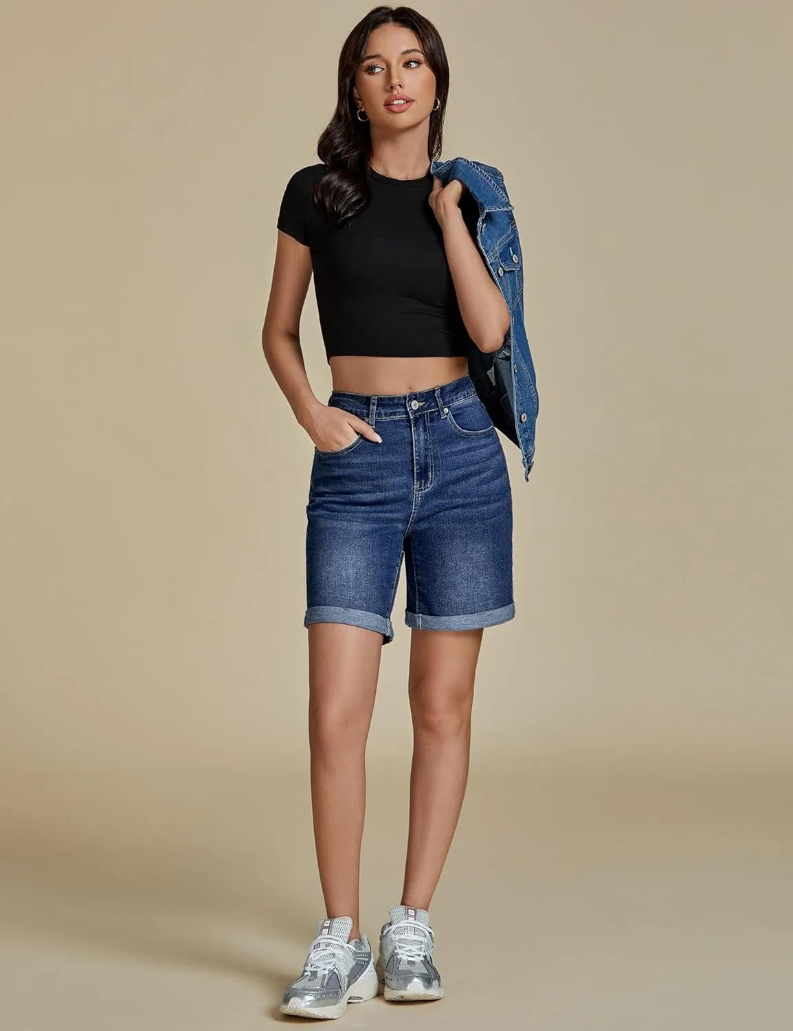 luvamia Jean Shorts for Women High Waisted Trendy Causal Summer Fold Hem Stretchy Long Denim Shorts 7 Inch Inseam