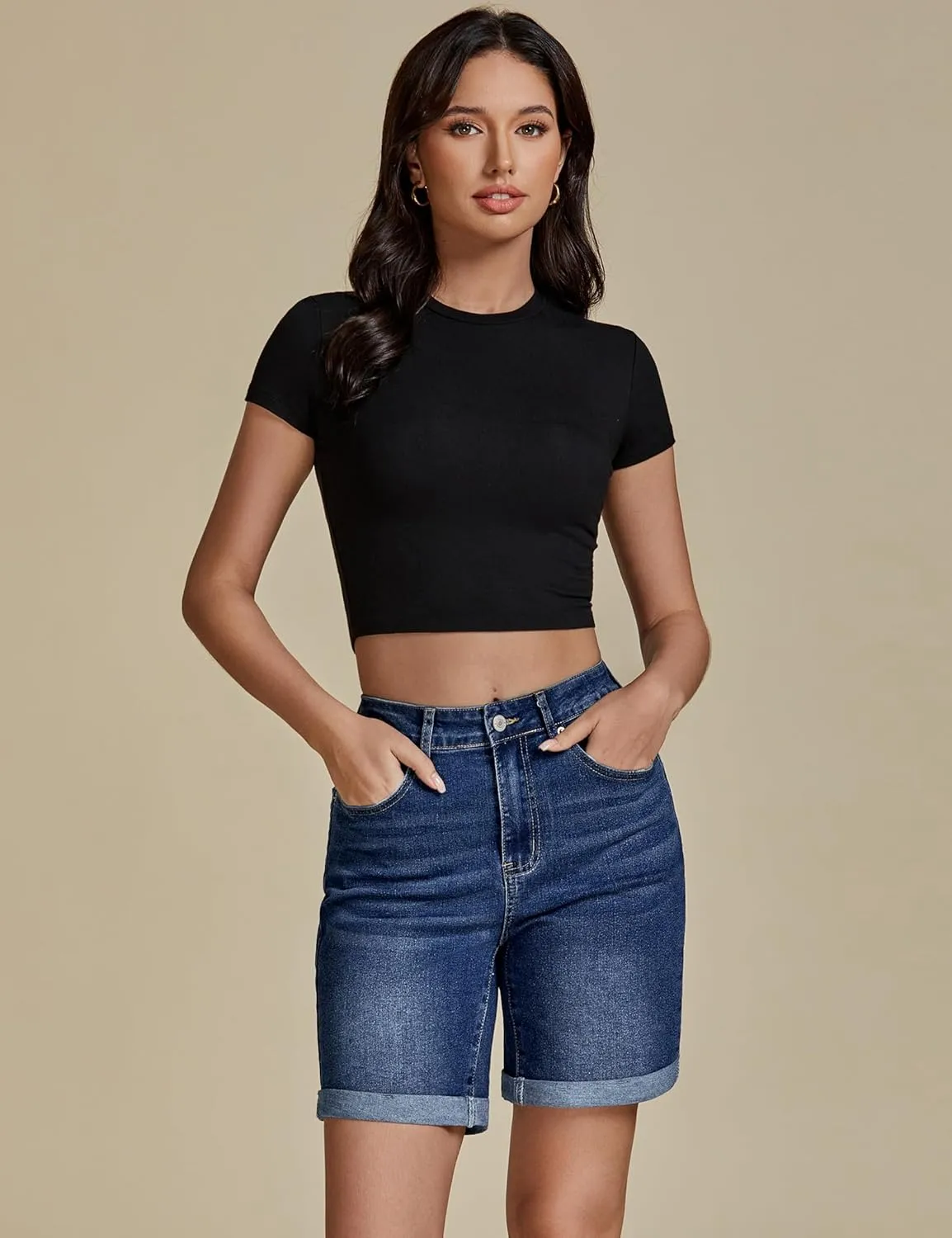 luvamia Jean Shorts for Women High Waisted Trendy Causal Summer Fold Hem Stretchy Long Denim Shorts 7 Inch Inseam