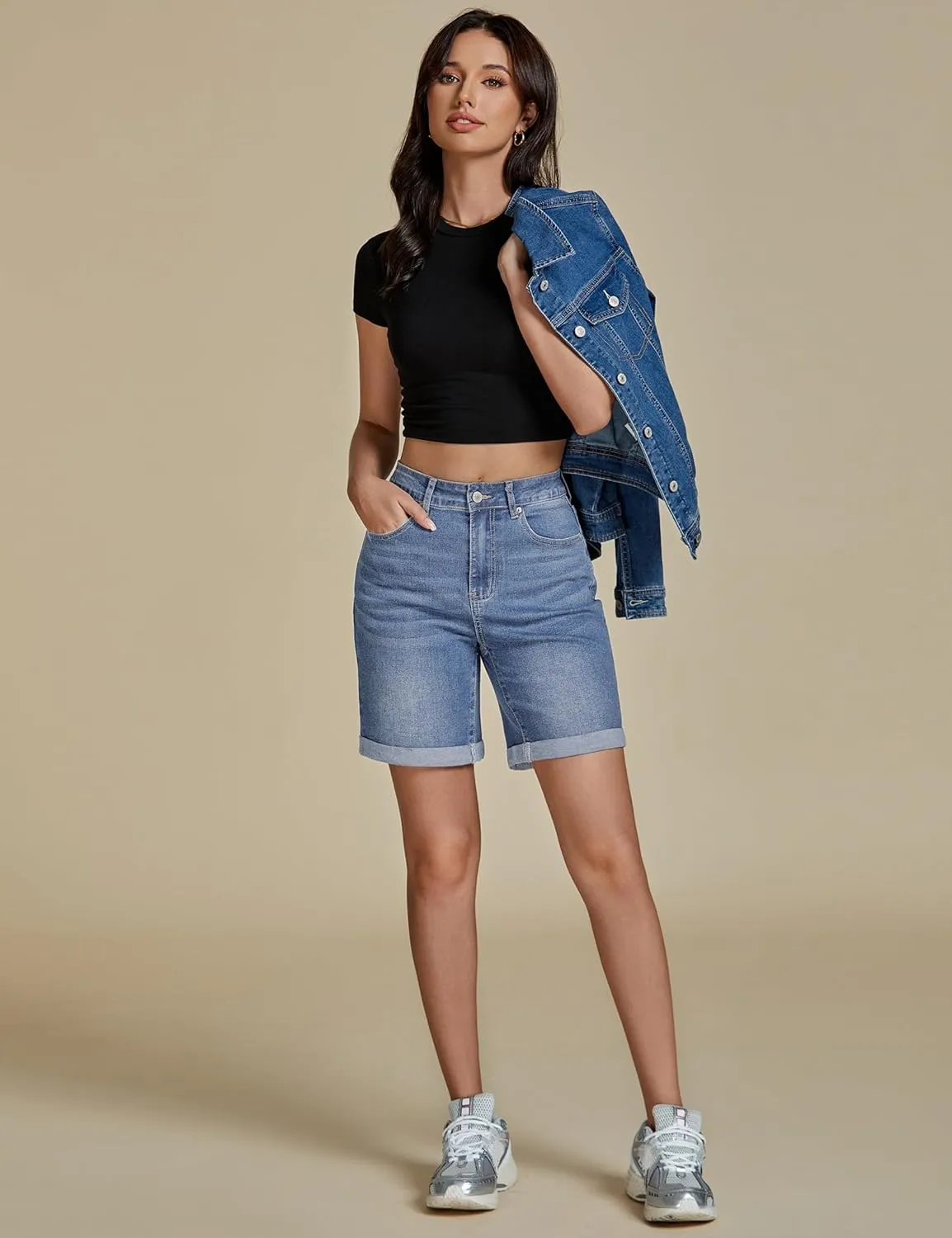 luvamia Jean Shorts for Women High Waisted Trendy Causal Summer Fold Hem Stretchy Long Denim Shorts 7 Inch Inseam