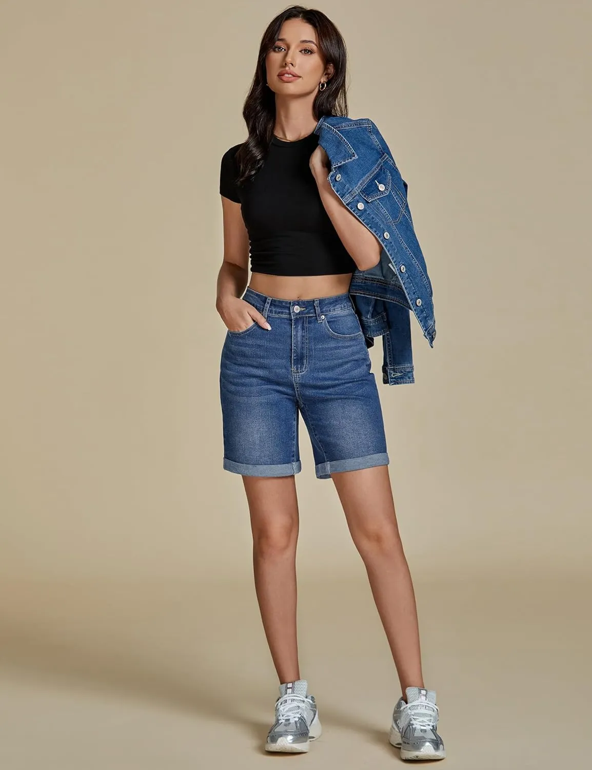 luvamia Jean Shorts for Women High Waisted Trendy Causal Summer Fold Hem Stretchy Long Denim Shorts 7 Inch Inseam