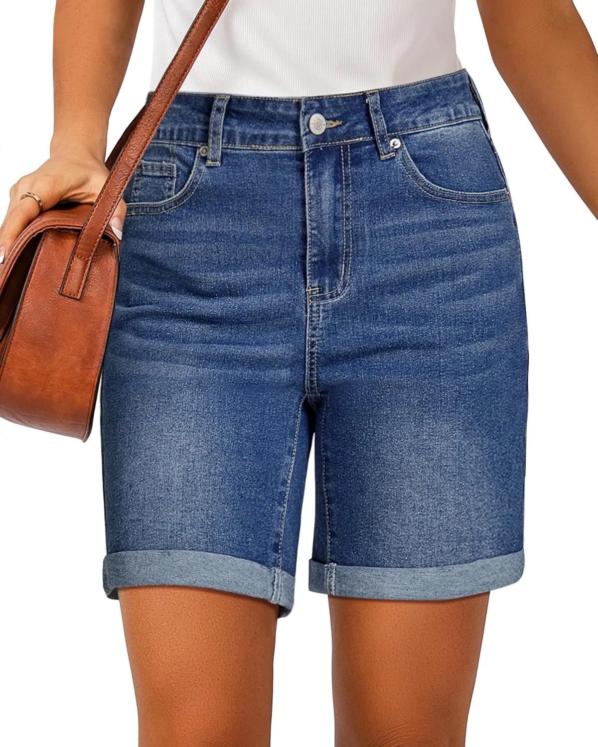 luvamia Jean Shorts for Women High Waisted Trendy Causal Summer Fold Hem Stretchy Long Denim Shorts 7 Inch Inseam