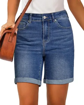 luvamia Jean Shorts for Women High Waisted Trendy Causal Summer Fold Hem Stretchy Long Denim Shorts 7 Inch Inseam