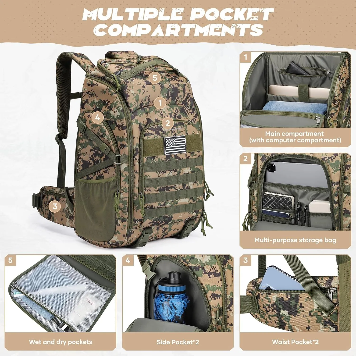Maelstrom Tactical Backpack for Men, 40L Military Backpack,Water Resistant Assault Pack for Women, 3-Day Bug Out Bag for Hiking, Camping, Gym with Molle System-Camouflage