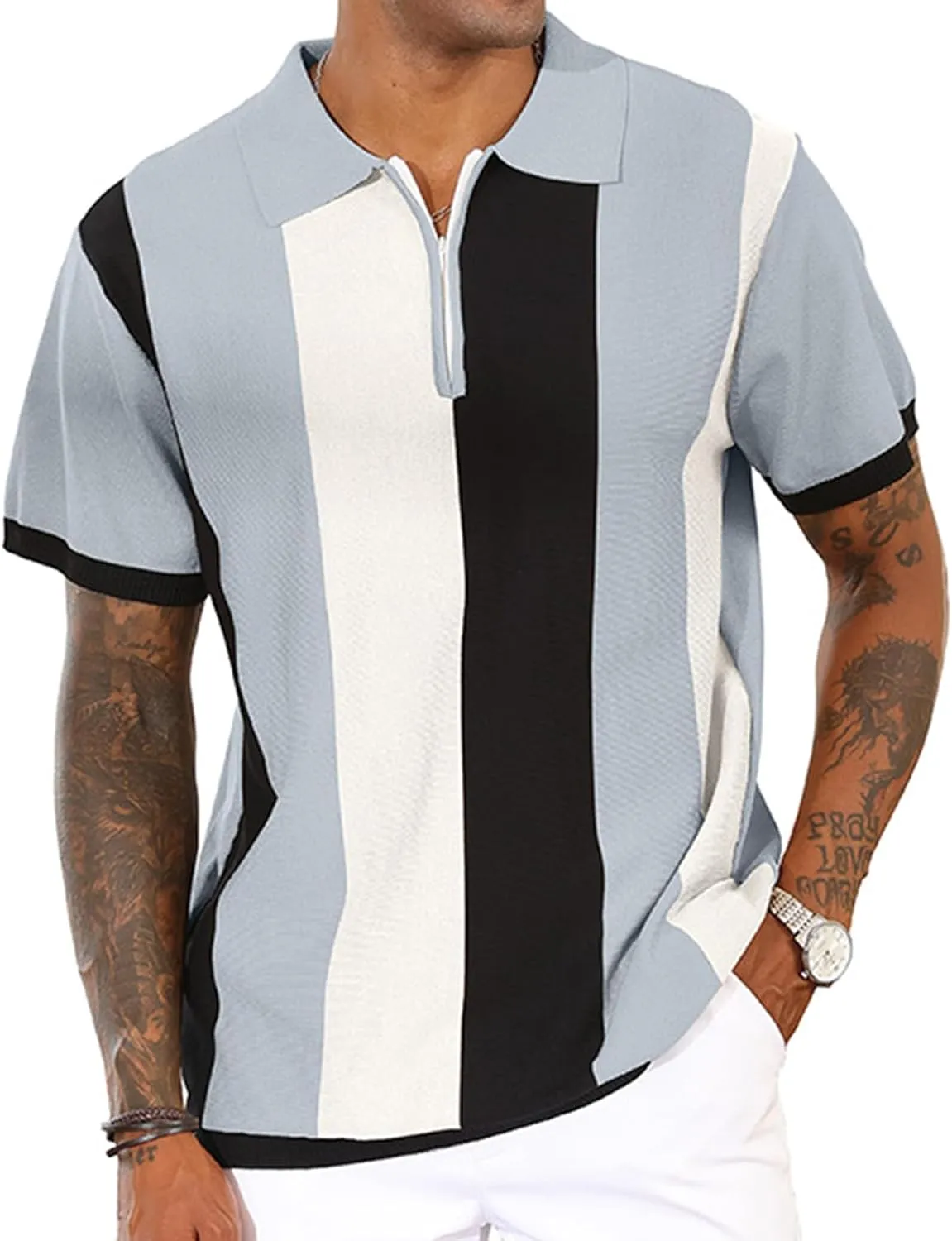 Men's Fashion Polo Shirts Vintage Striped Knitting Shirts Casual Slim Fit Golf Shirts