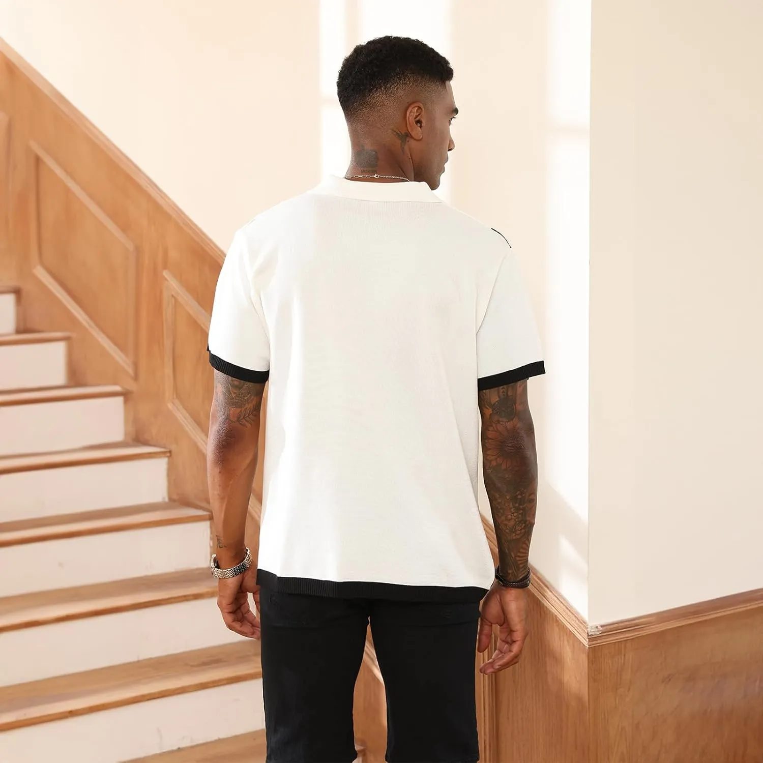 Men's Fashion Polo Shirts Vintage Striped Knitting Shirts Casual Slim Fit Golf Shirts
