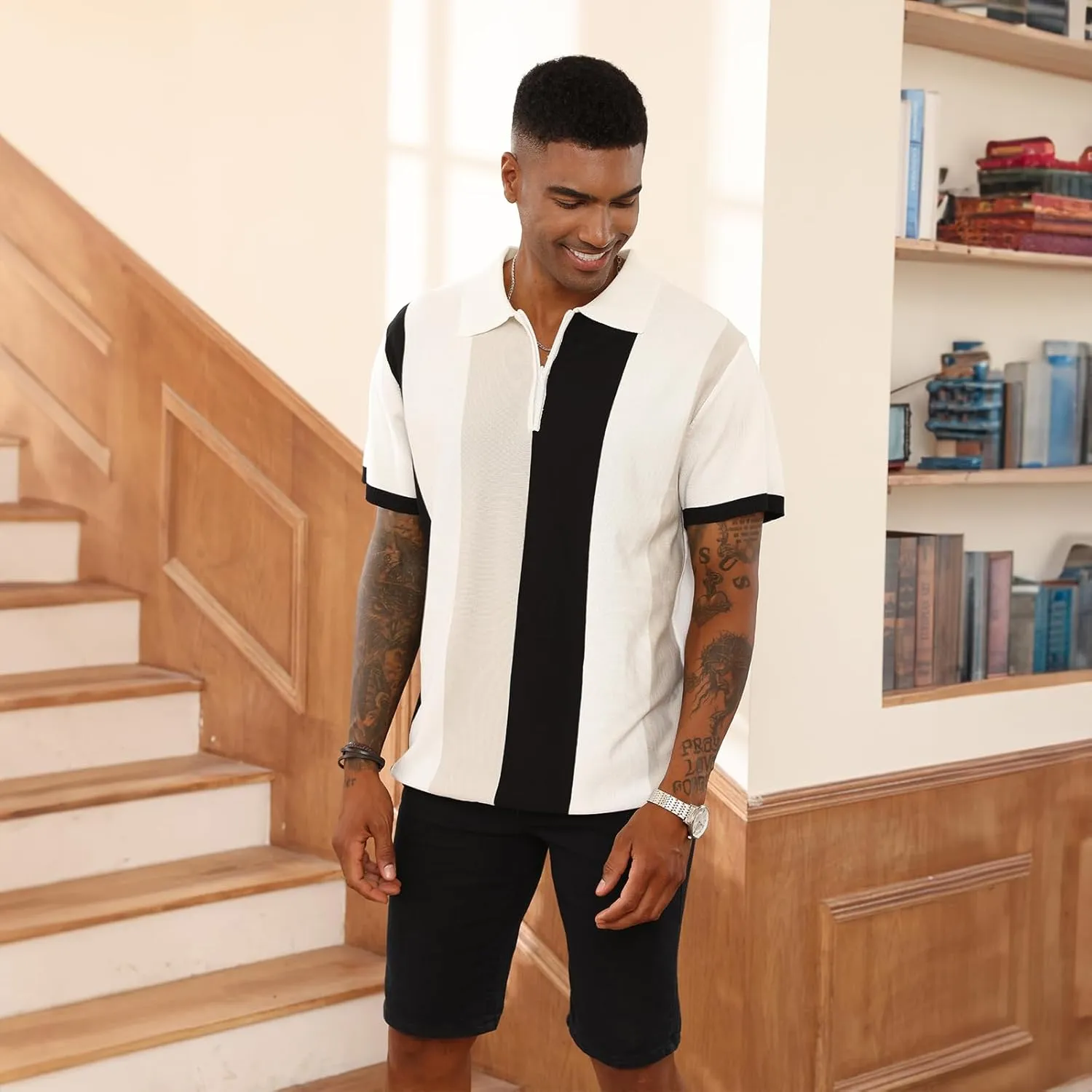 Men's Fashion Polo Shirts Vintage Striped Knitting Shirts Casual Slim Fit Golf Shirts