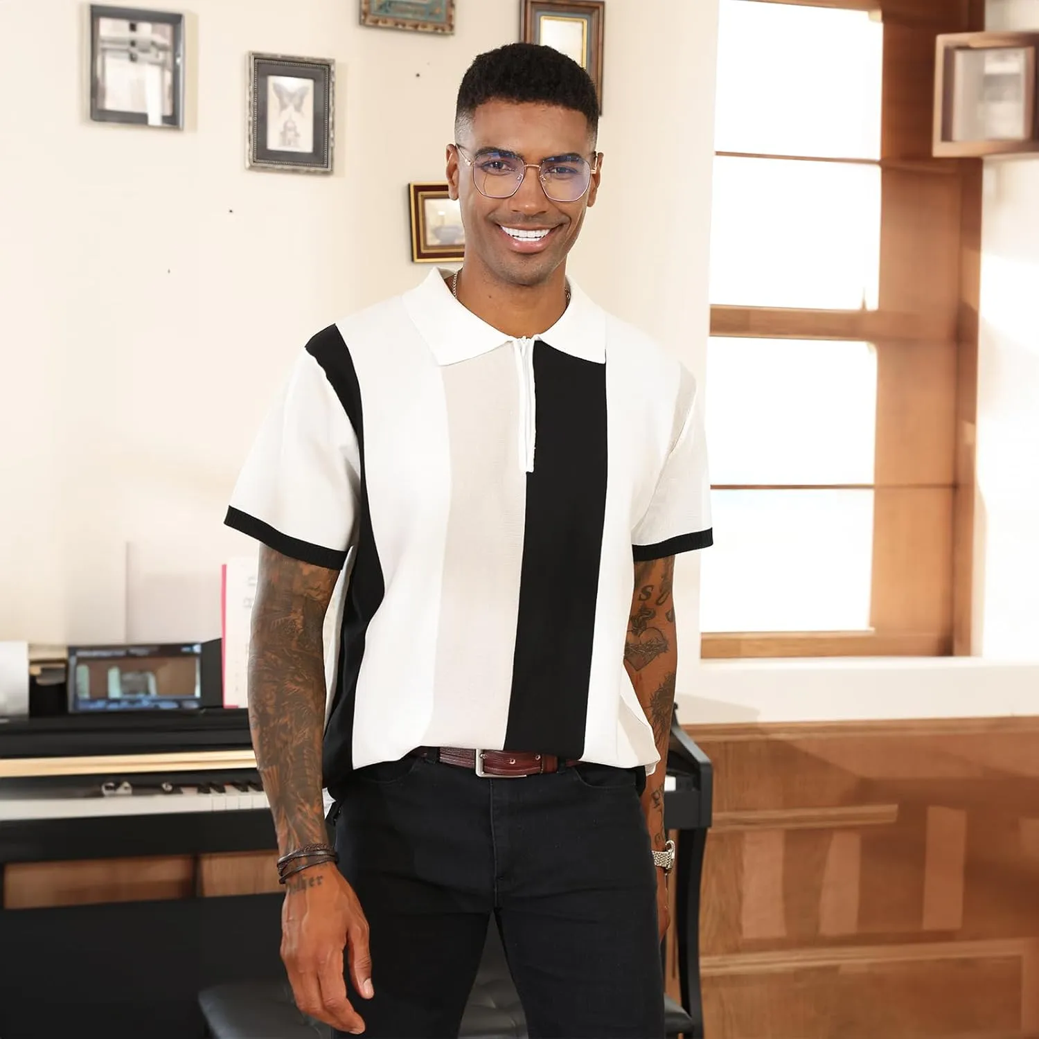 Men's Fashion Polo Shirts Vintage Striped Knitting Shirts Casual Slim Fit Golf Shirts