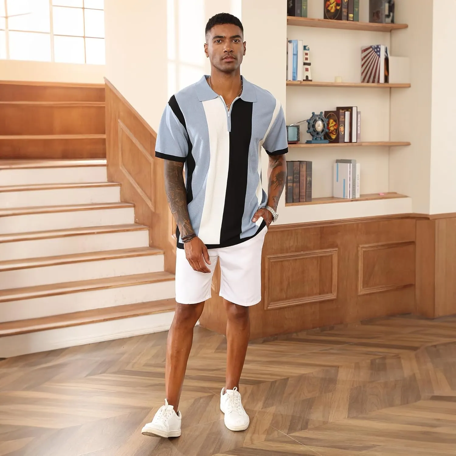 Men's Fashion Polo Shirts Vintage Striped Knitting Shirts Casual Slim Fit Golf Shirts