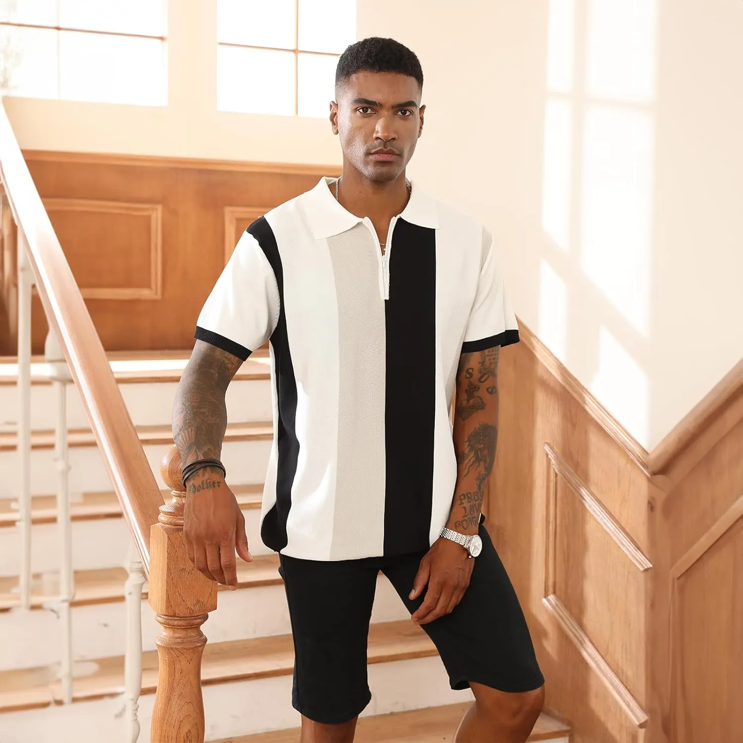 Men's Fashion Polo Shirts Vintage Striped Knitting Shirts Casual Slim Fit Golf Shirts