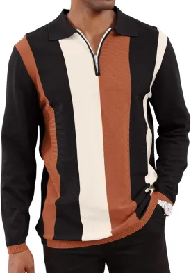 Men's Fashion Polo Shirts Vintage Striped Knitting Shirts Casual Slim Fit Golf Shirts