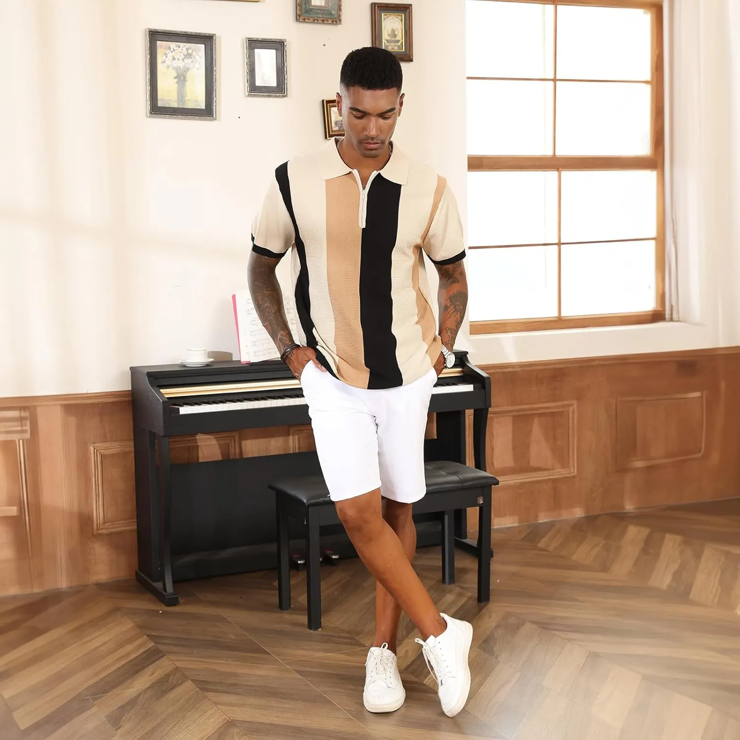 Men's Fashion Polo Shirts Vintage Striped Knitting Shirts Casual Slim Fit Golf Shirts