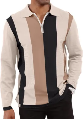 Men's Fashion Polo Shirts Vintage Striped Knitting Shirts Casual Slim Fit Golf Shirts