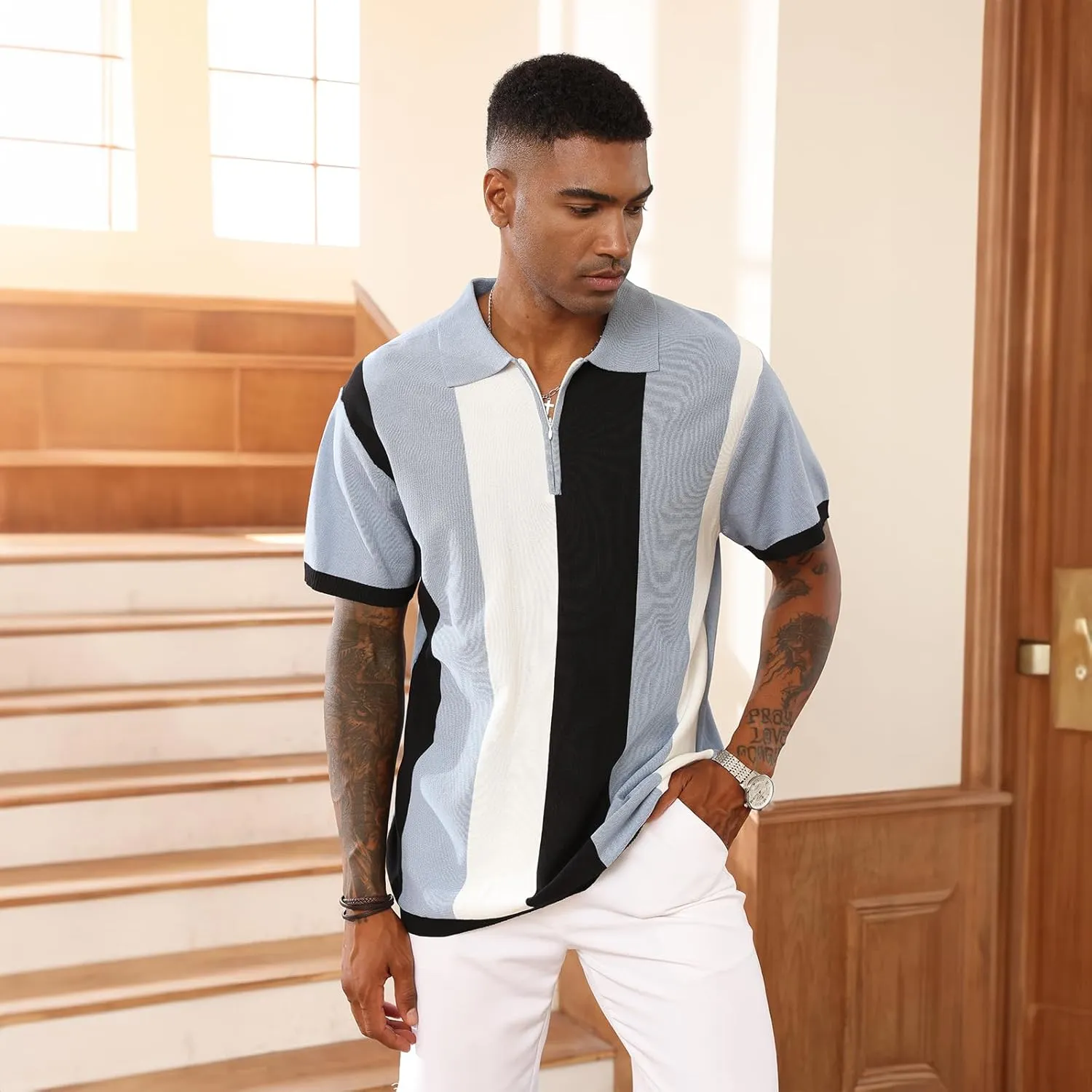 Men's Fashion Polo Shirts Vintage Striped Knitting Shirts Casual Slim Fit Golf Shirts