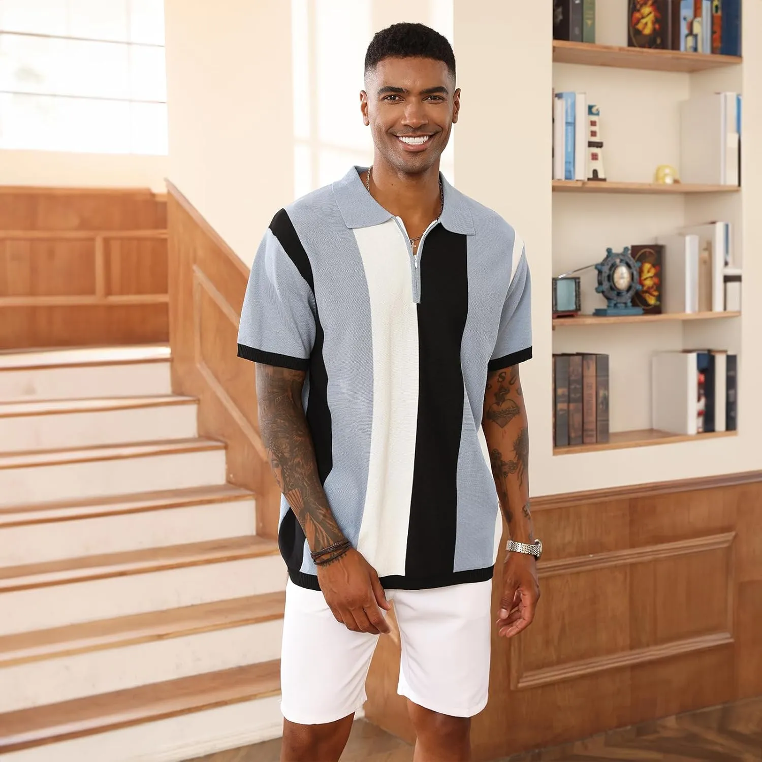 Men's Fashion Polo Shirts Vintage Striped Knitting Shirts Casual Slim Fit Golf Shirts
