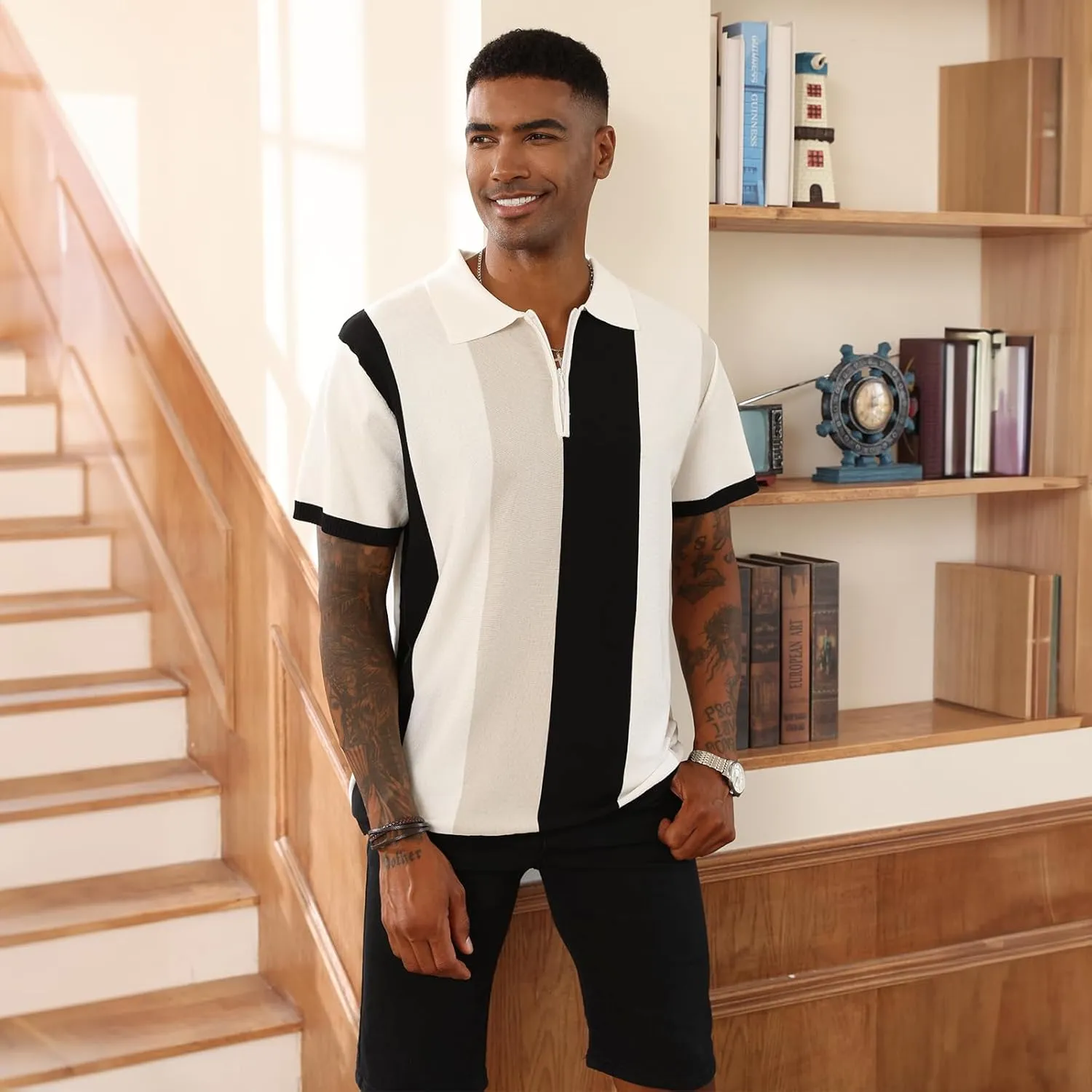 Men's Fashion Polo Shirts Vintage Striped Knitting Shirts Casual Slim Fit Golf Shirts