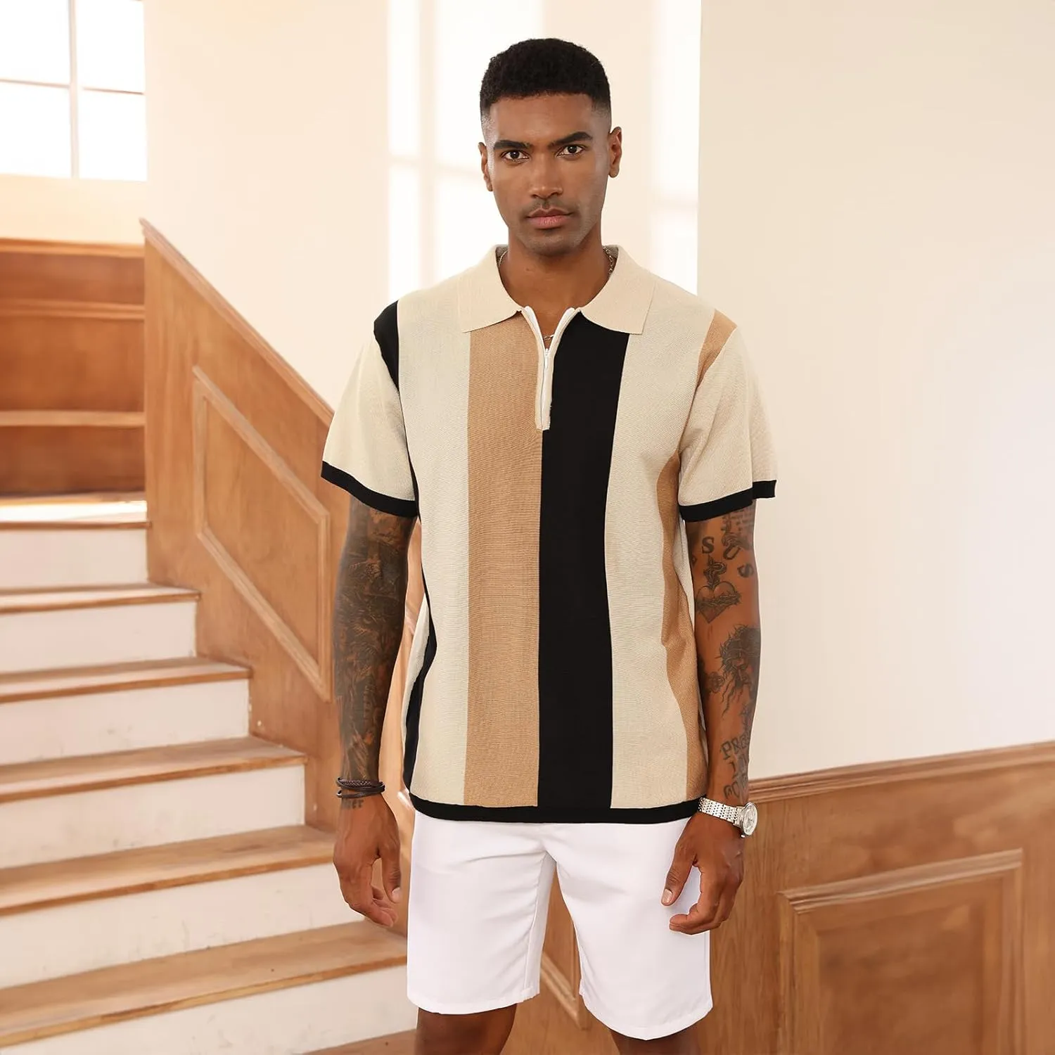 Men's Fashion Polo Shirts Vintage Striped Knitting Shirts Casual Slim Fit Golf Shirts
