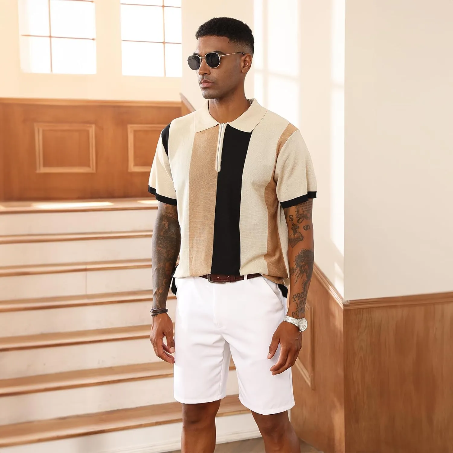 Men's Fashion Polo Shirts Vintage Striped Knitting Shirts Casual Slim Fit Golf Shirts