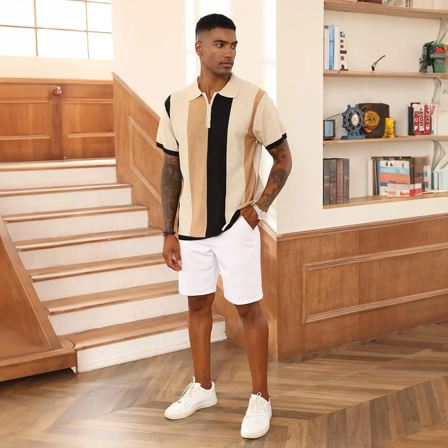 Men's Fashion Polo Shirts Vintage Striped Knitting Shirts Casual Slim Fit Golf Shirts