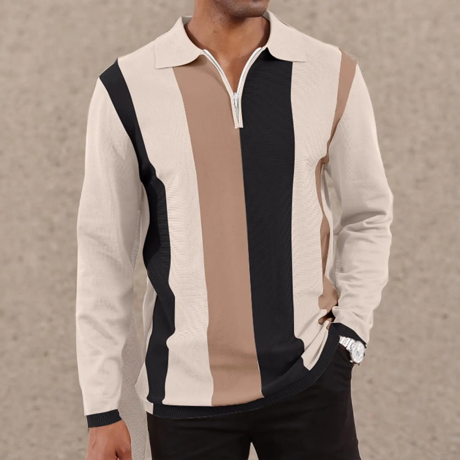 Men's Fashion Polo Shirts Vintage Striped Knitting Shirts Casual Slim Fit Golf Shirts