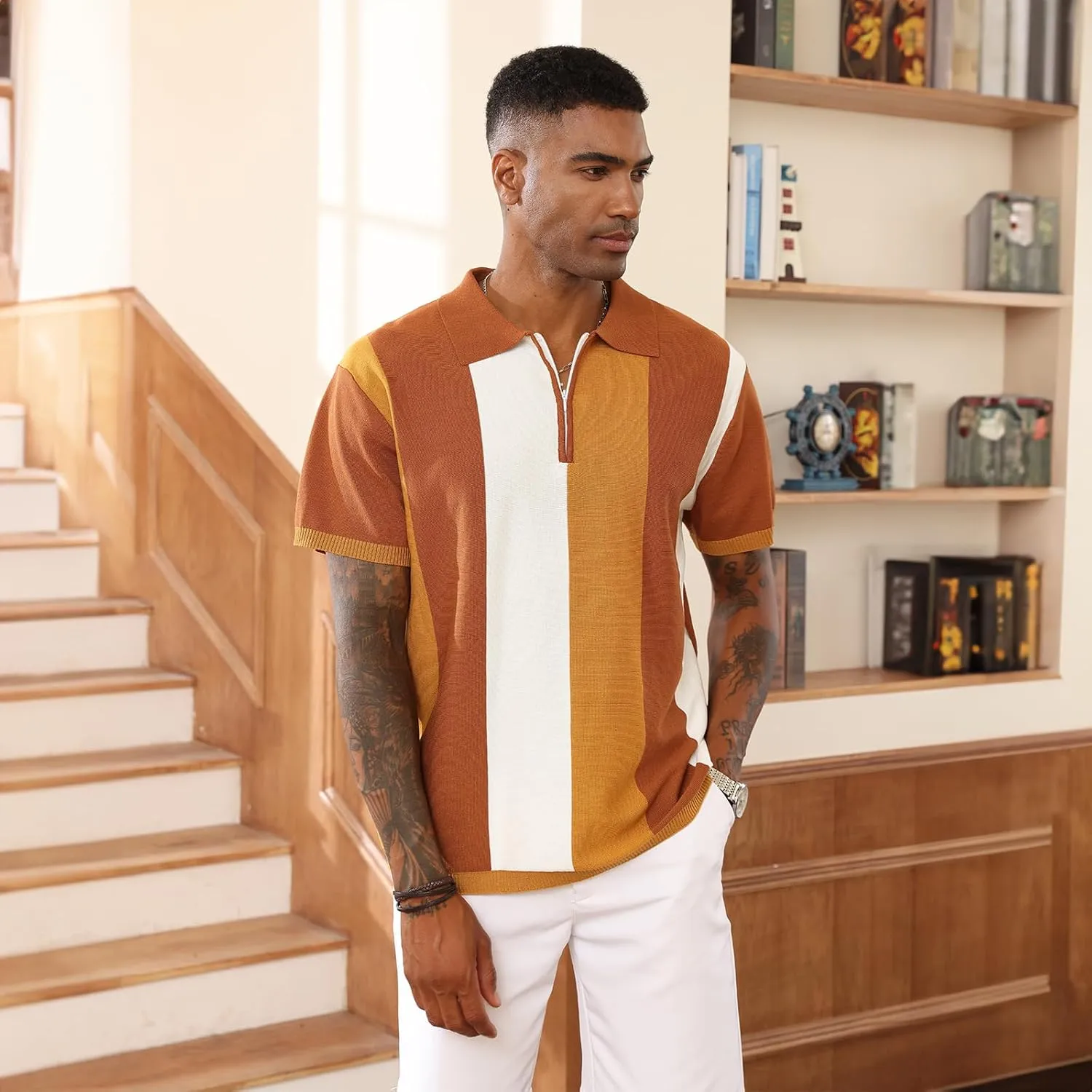 Men's Fashion Polo Shirts Vintage Striped Knitting Shirts Casual Slim Fit Golf Shirts