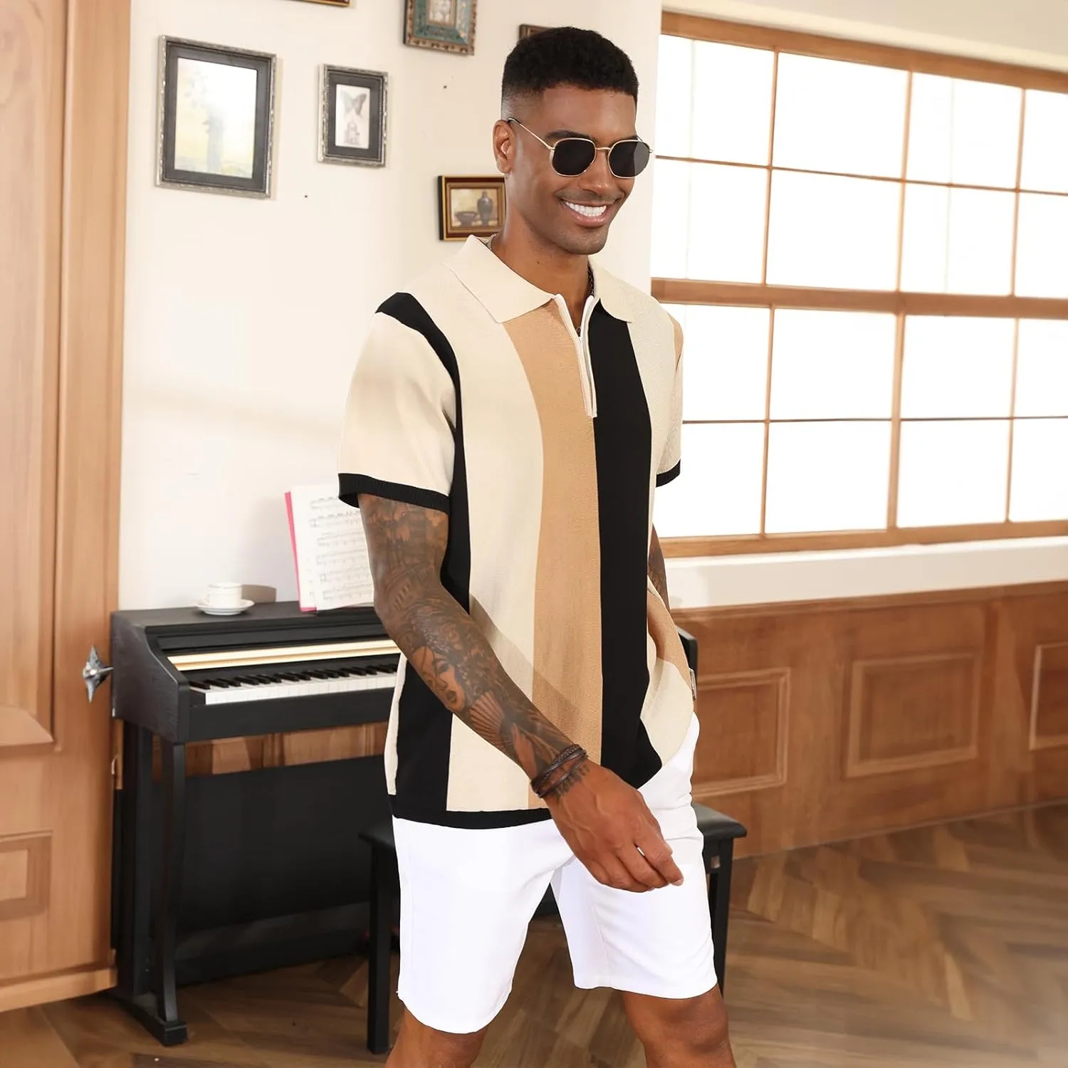 Men's Fashion Polo Shirts Vintage Striped Knitting Shirts Casual Slim Fit Golf Shirts