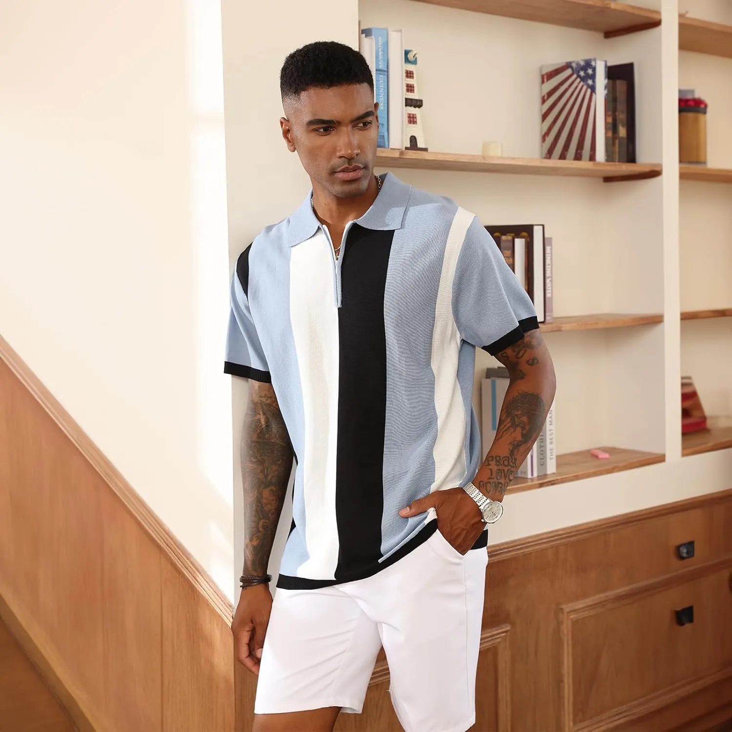Men's Fashion Polo Shirts Vintage Striped Knitting Shirts Casual Slim Fit Golf Shirts