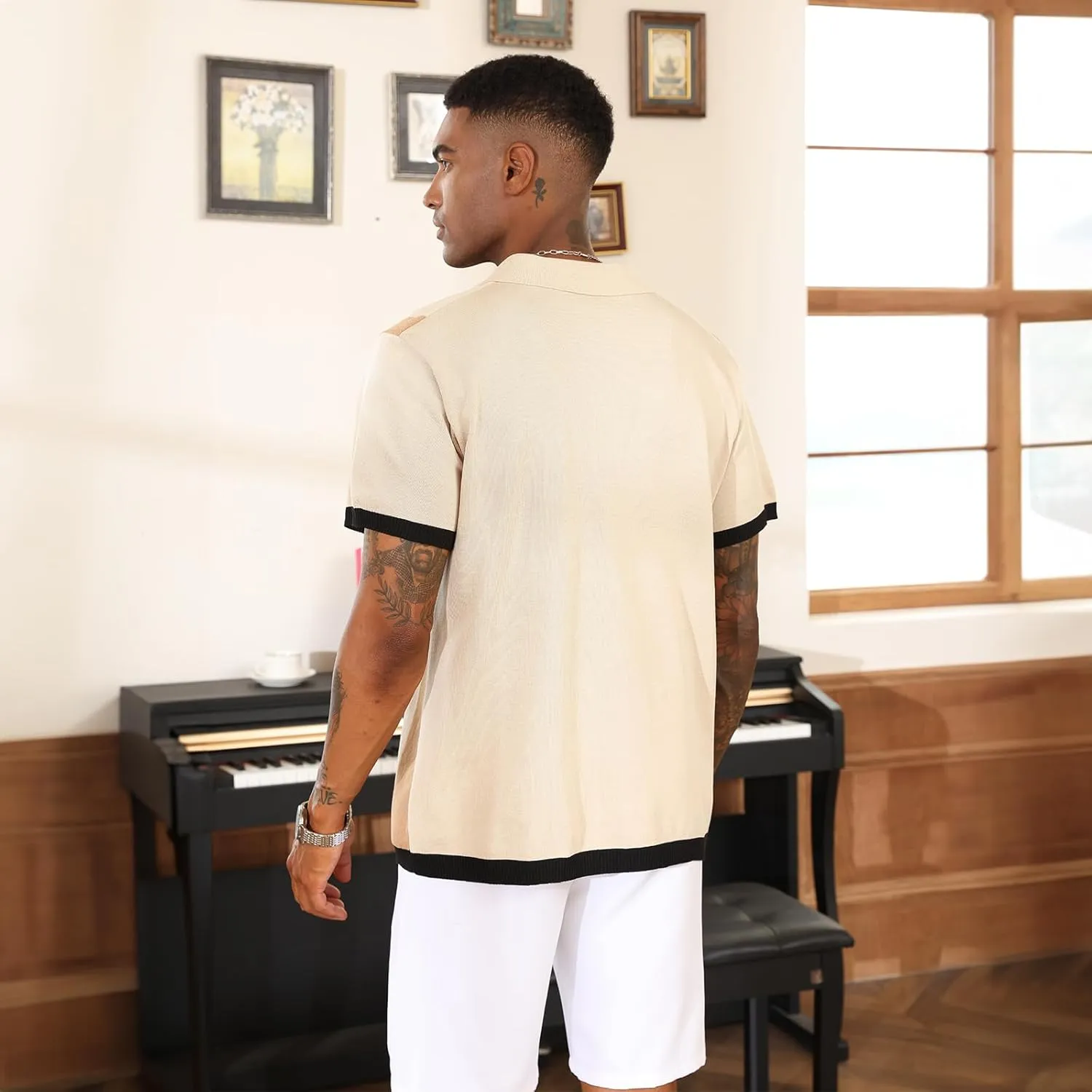 Men's Fashion Polo Shirts Vintage Striped Knitting Shirts Casual Slim Fit Golf Shirts