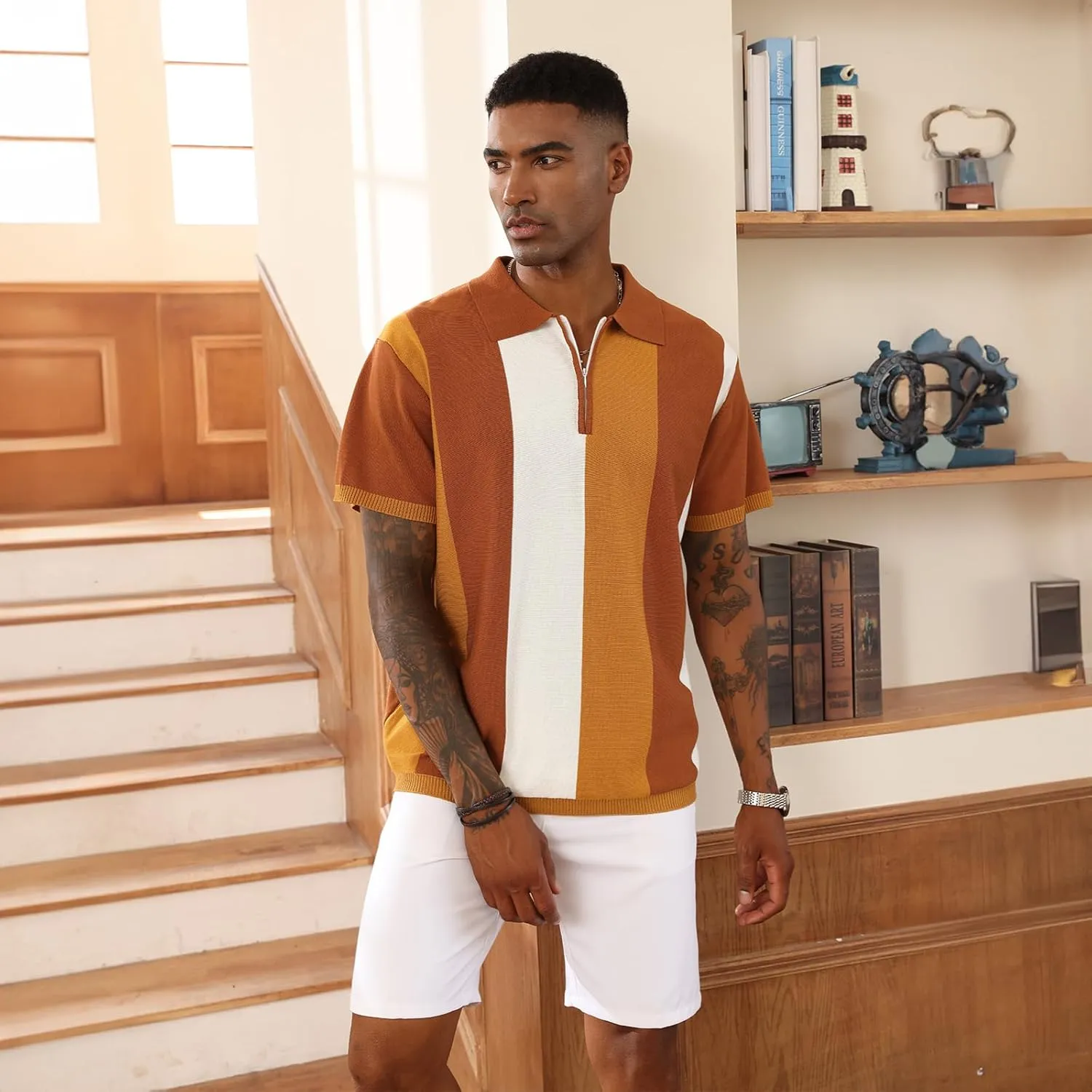 Men's Fashion Polo Shirts Vintage Striped Knitting Shirts Casual Slim Fit Golf Shirts