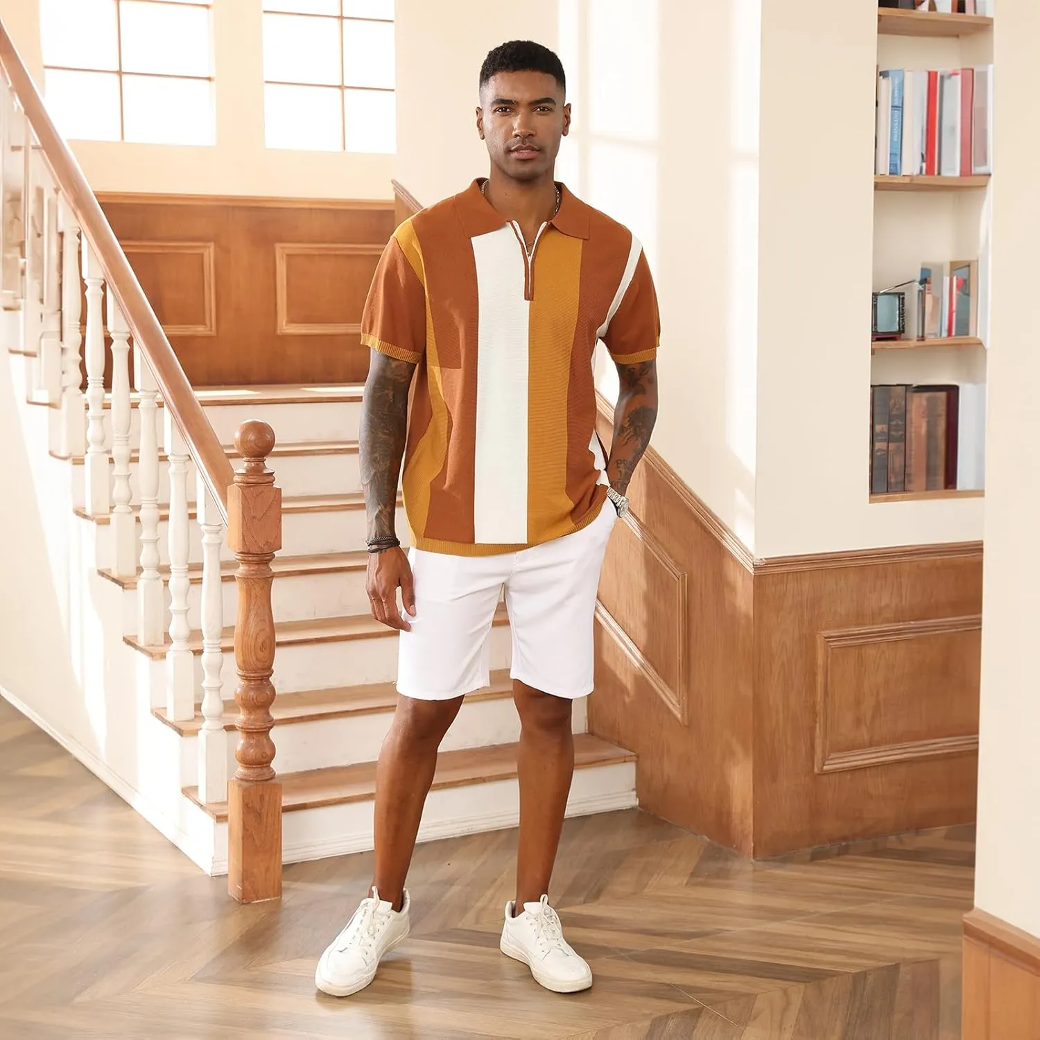 Men's Fashion Polo Shirts Vintage Striped Knitting Shirts Casual Slim Fit Golf Shirts