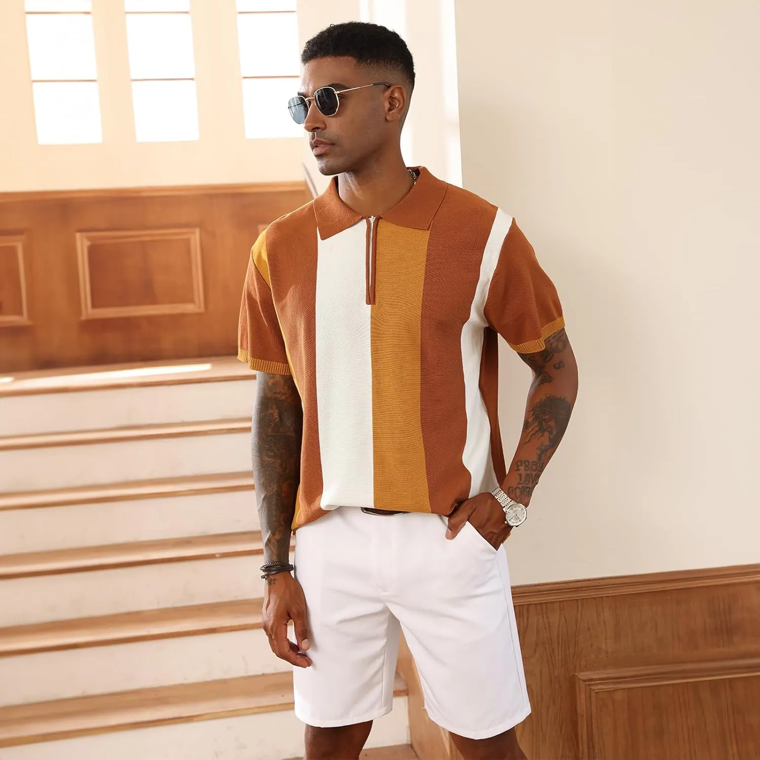 Men's Fashion Polo Shirts Vintage Striped Knitting Shirts Casual Slim Fit Golf Shirts
