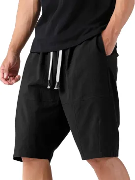 Men's Quick Dry Linen Shorts Casual Elastic Waist Drawstring Short Summer Beach Vacation Yoga Golf Shorts with Pocket