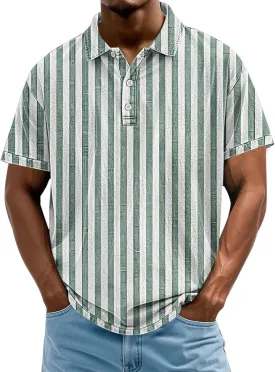 Mens Vertical Striped Polo Shirts Summer Color Block Tshirt Plus Size V Neck Tee Short Sleeve Vintage Collar Tops