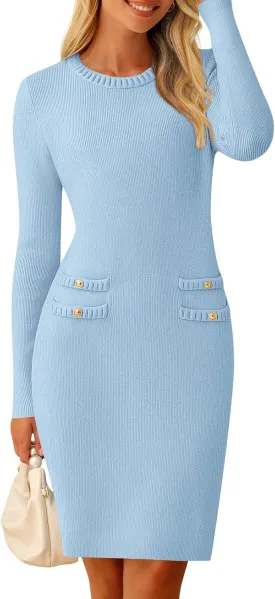 MEROKEETY Women's Long Sleeve Sweater Dress Crew Neck Work Party Vintage Knit Bodycon Short Dresses