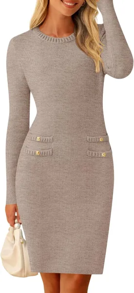 MEROKEETY Women's Long Sleeve Sweater Dress Crew Neck Work Party Vintage Knit Bodycon Short Dresses