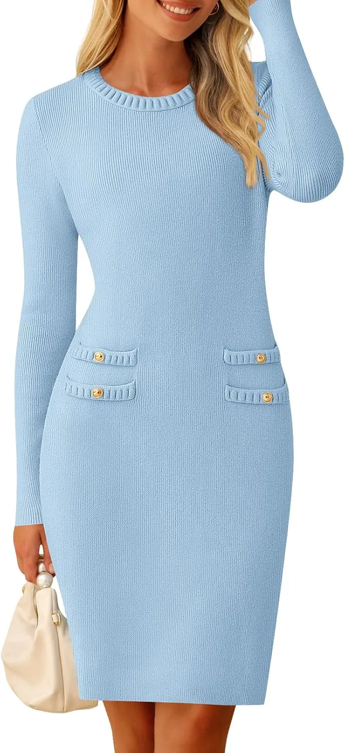 MEROKEETY Women's Long Sleeve Sweater Dress Crew Neck Work Party Vintage Knit Bodycon Short Dresses