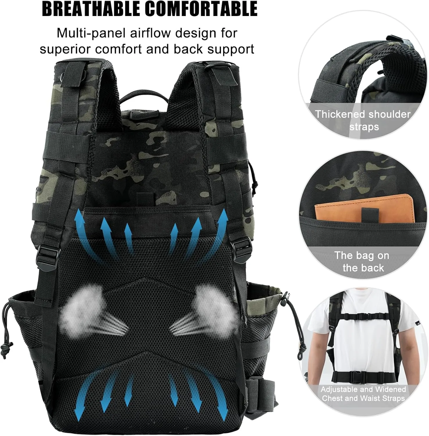 Military Tactical Backpack 50L Large Day Backpack for Men Molle Army 3 Days Assault Pack Bug Out Bag Water Resistant and Heavy Duty Hiking Treeking Rucksack - Black Camo
