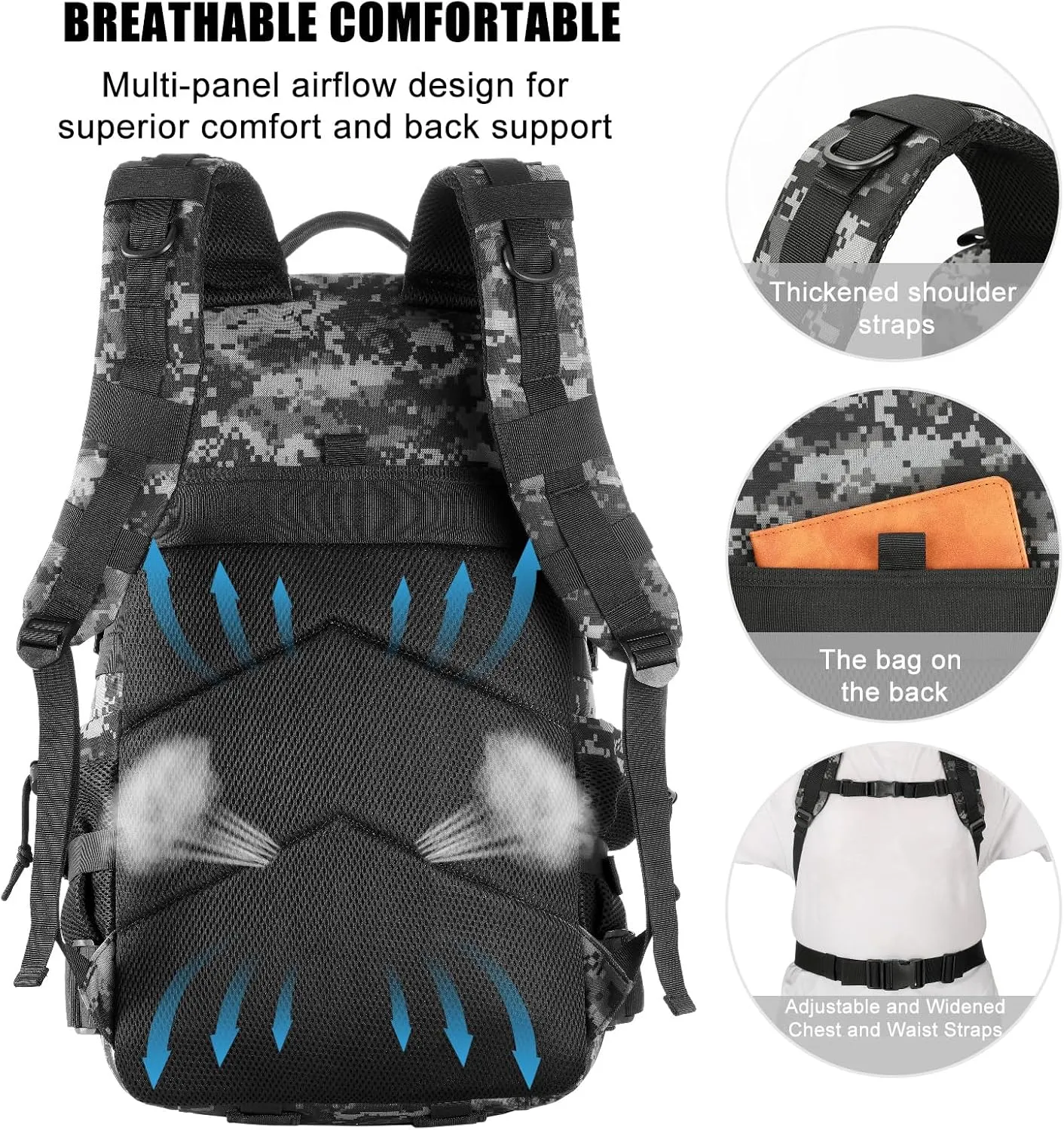Military Tactical Backpack 50L Large Day Backpack for Men Molle Army 3 Days Assault Pack Bug Out Bag Water Resistant and Heavy Duty Hiking Treeking Rucksack - Black Digital Camo