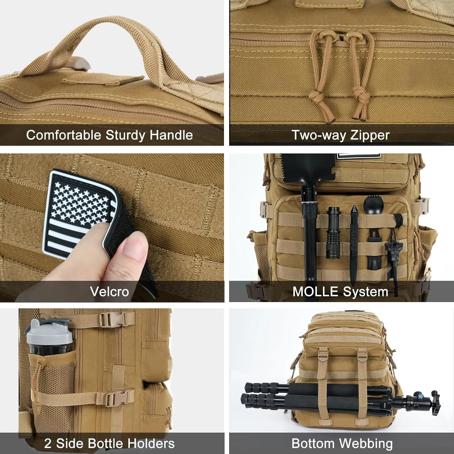 Military Tactical Backpack 50L Large Day Backpack for Men Molle Army 3 Days Assault Pack Bug Out Bag Water Resistant and Heavy Duty Hiking Treeking Rucksack - Brown