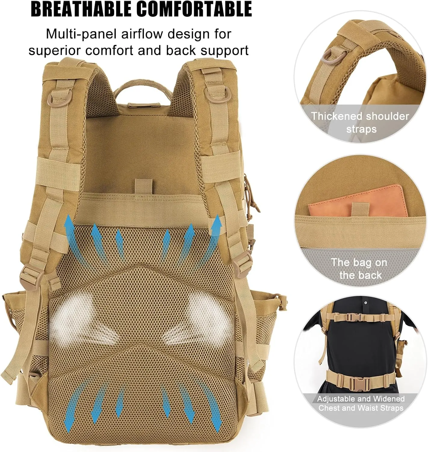 Military Tactical Backpack 50L Large Day Backpack for Men Molle Army 3 Days Assault Pack Bug Out Bag Water Resistant and Heavy Duty Hiking Treeking Rucksack - Brown