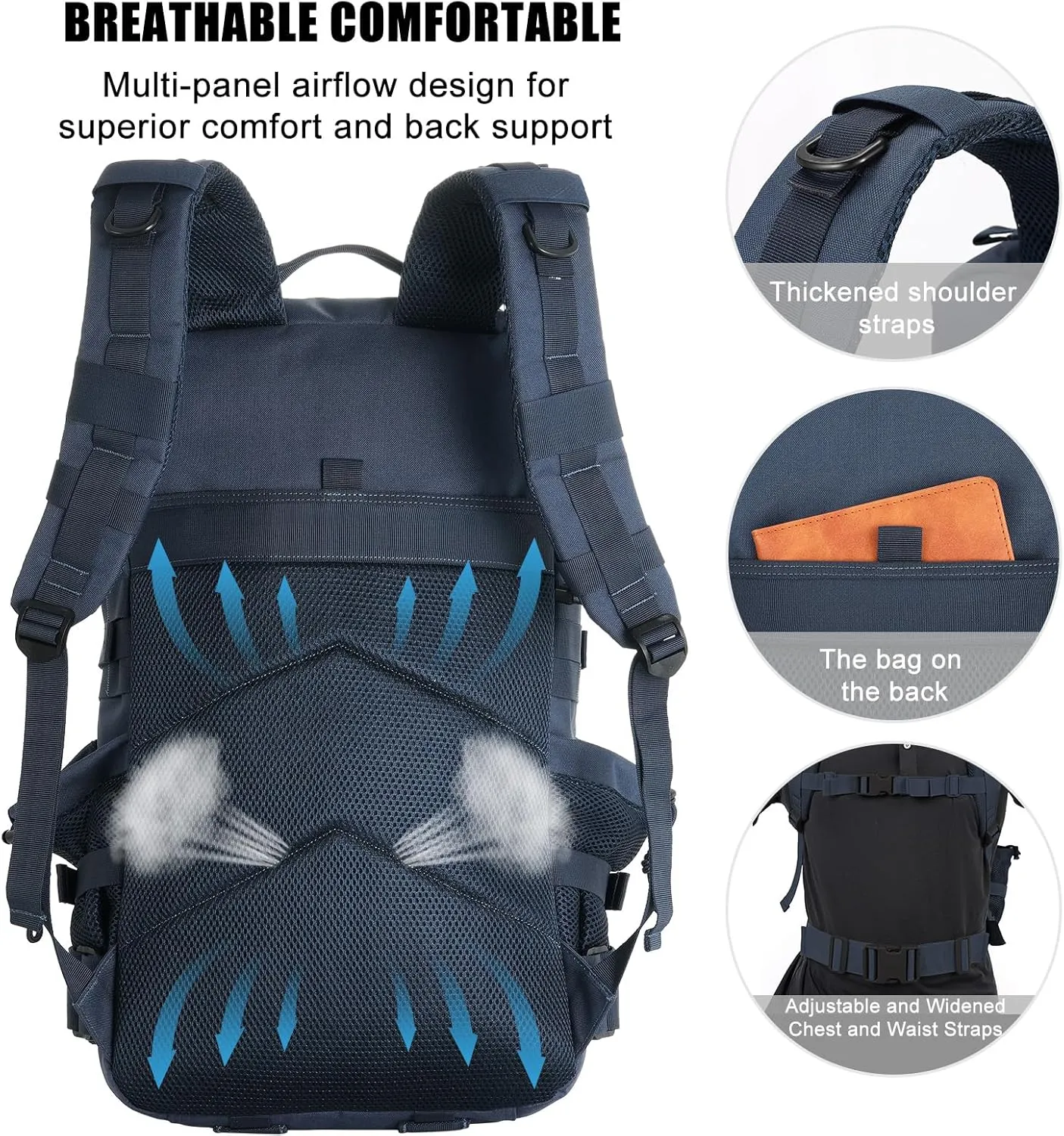 Military Tactical Backpack 50L Large Day Backpack for Men Molle Army 3 Days Assault Pack Bug Out Bag Water Resistant and Heavy Duty Hiking Treeking Rucksack - Dark Blue